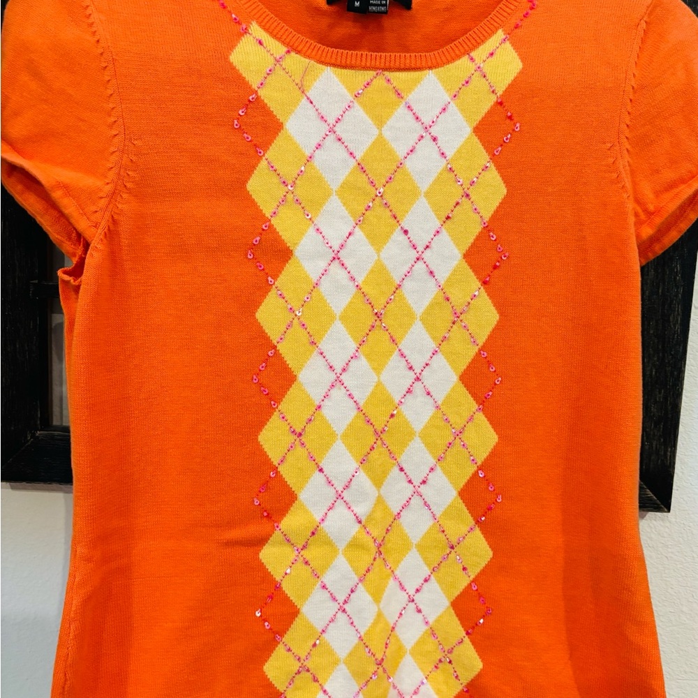 Vibrant Orange Argyle Short Sleeve ECI New York Lades S/M